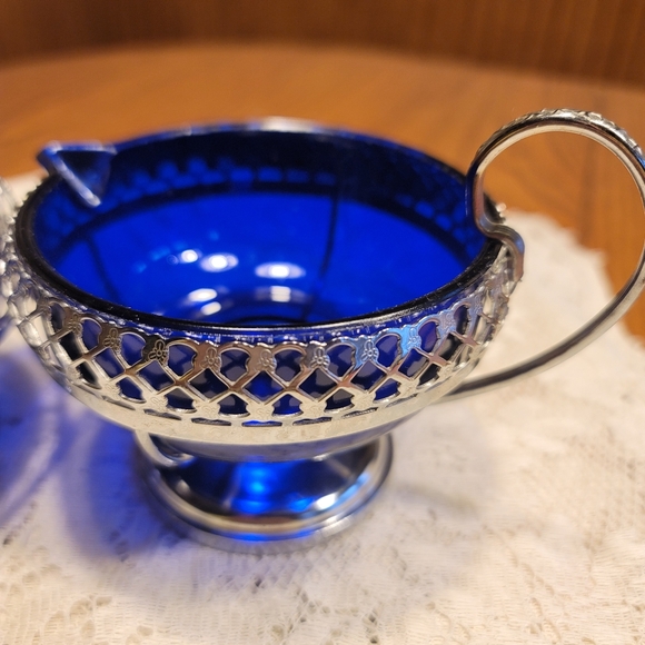 VTG Cobalt Blue Chromium Plated Sugar & Creamer with Glass Insert & Spoon - Picture 2 of 11